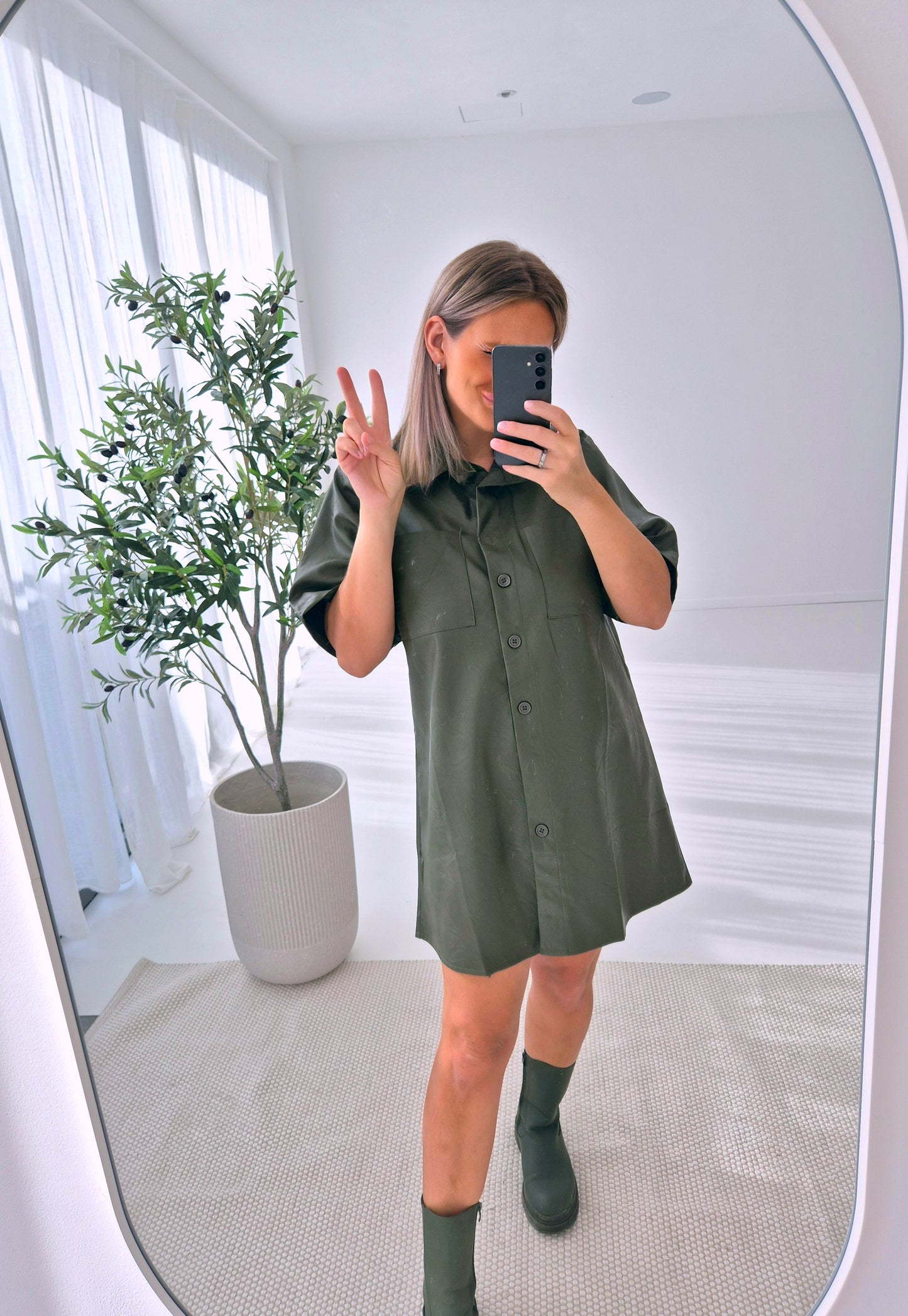 - Anna Kaki Leather Shirt Dress