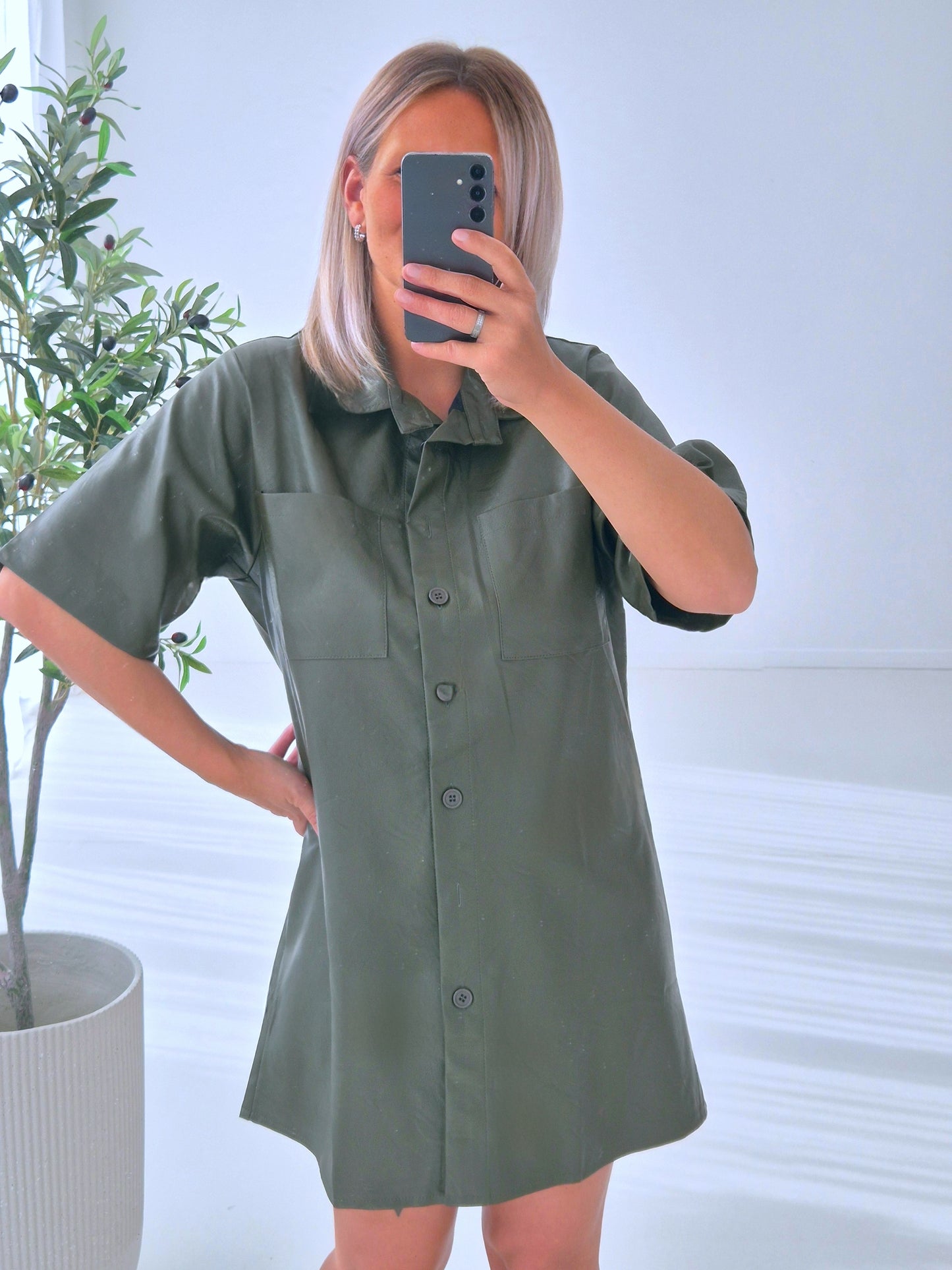- Anna Kaki Leather Shirt Dress