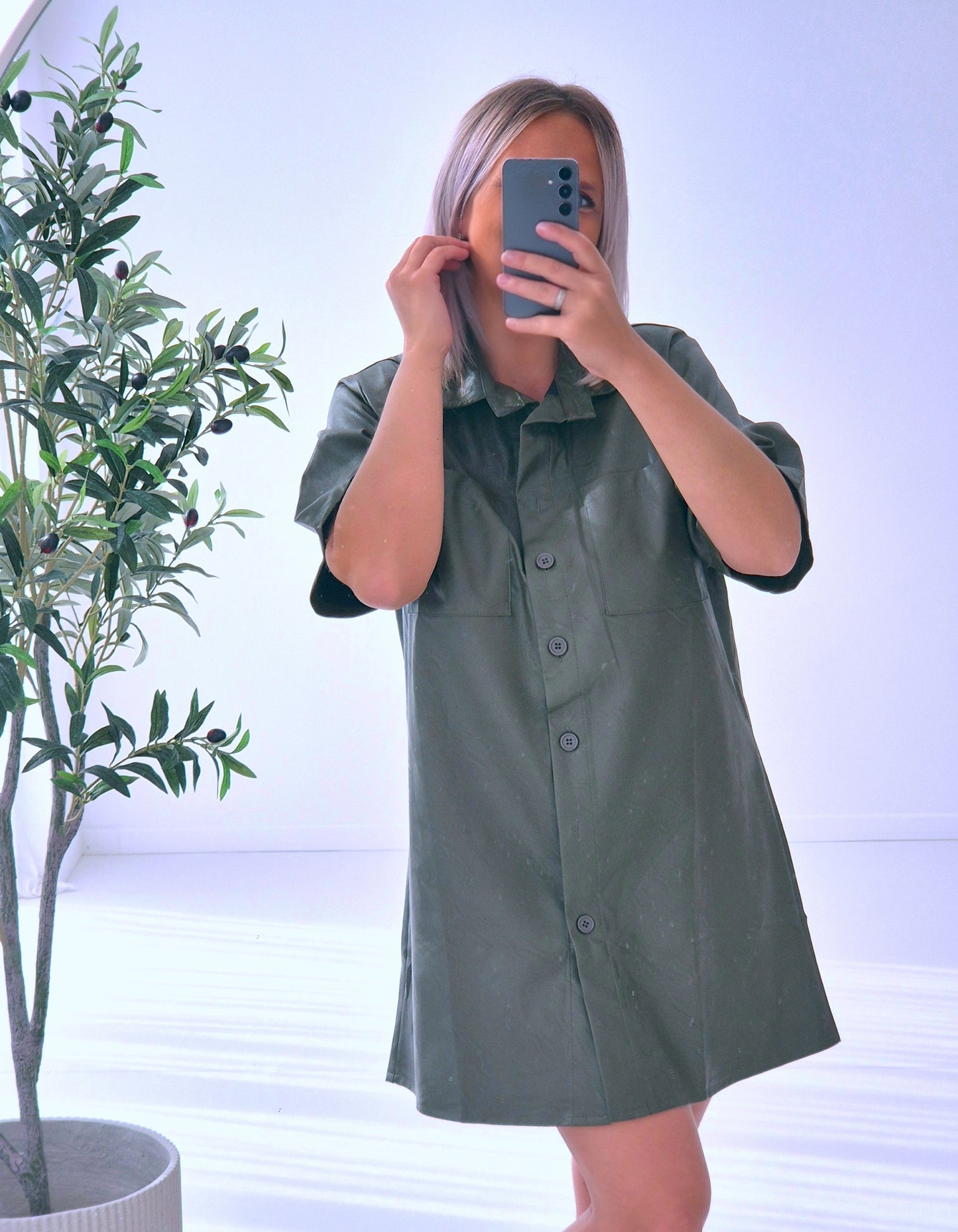- Anna Kaki Leather Shirt Dress