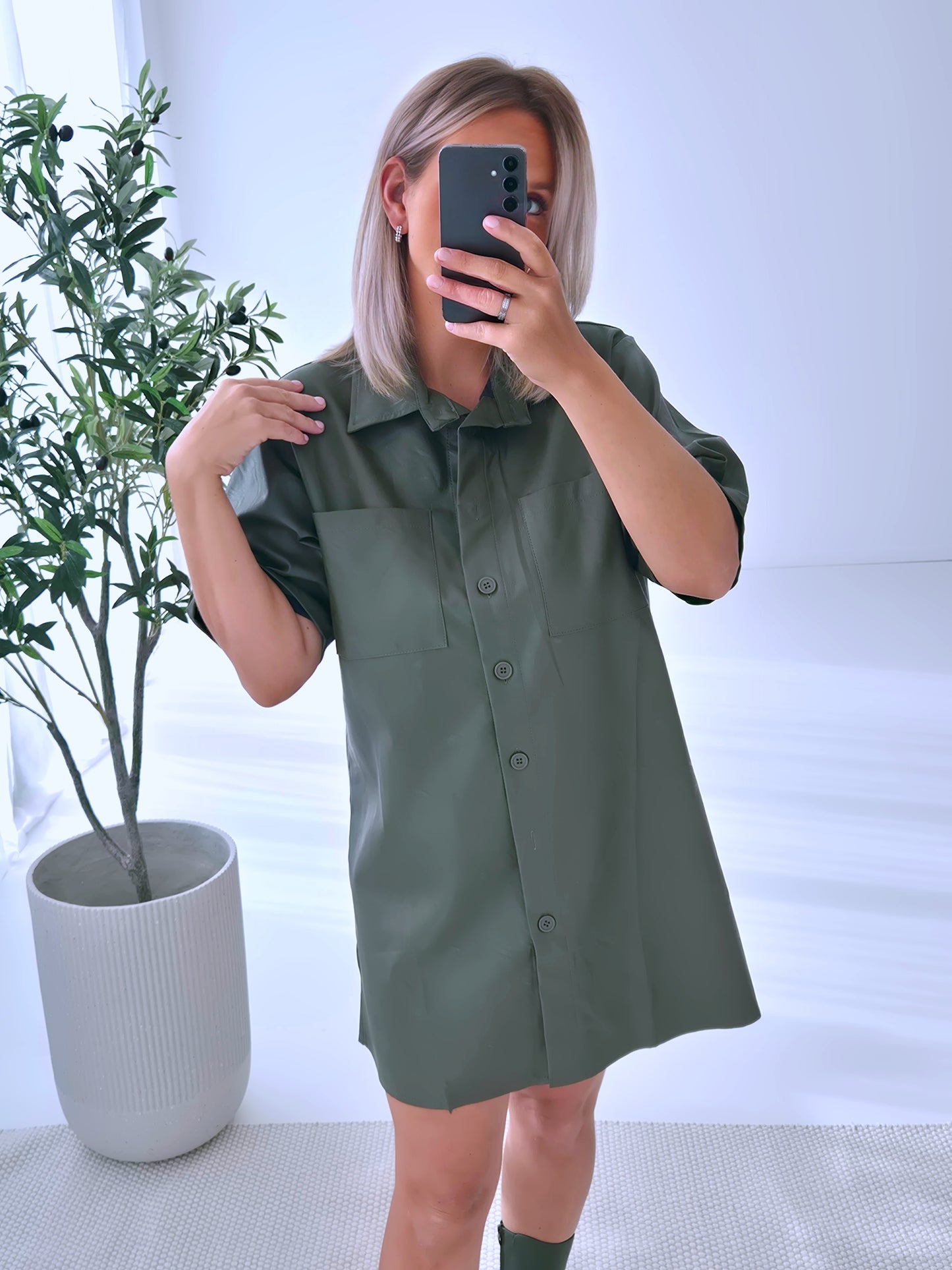 - Anna Kaki Leather Shirt Dress
