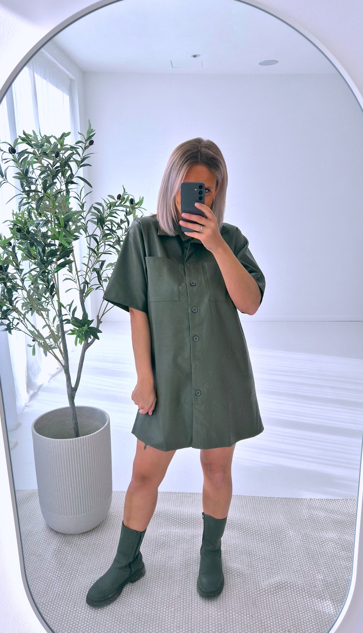- Anna Kaki Leather Shirt Dress