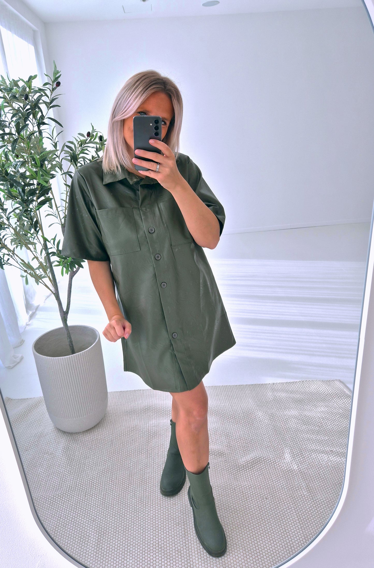 - Anna Kaki Leather Shirt Dress