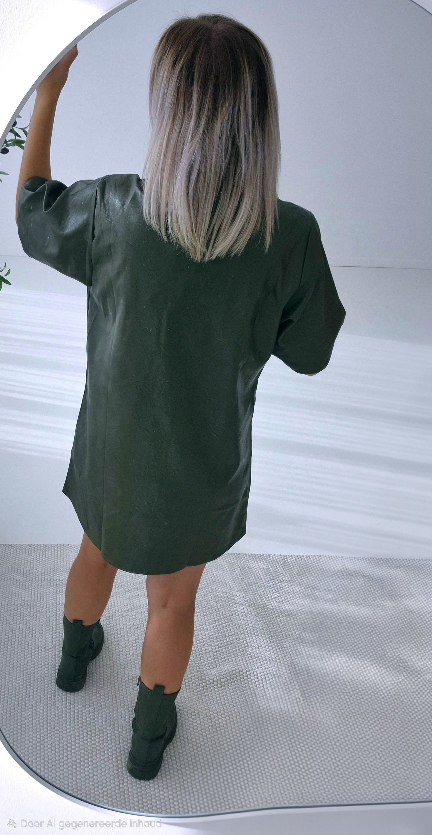 - Anna Kaki Leather Shirt Dress