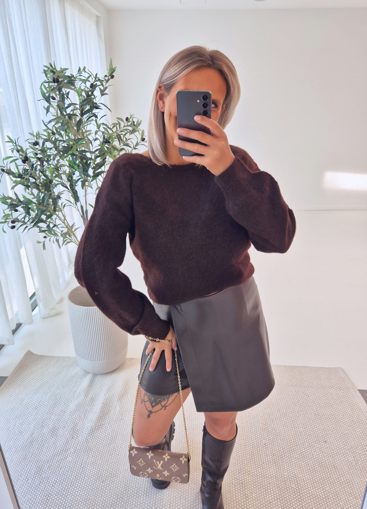 - Brown Cross Back Knit Sweater