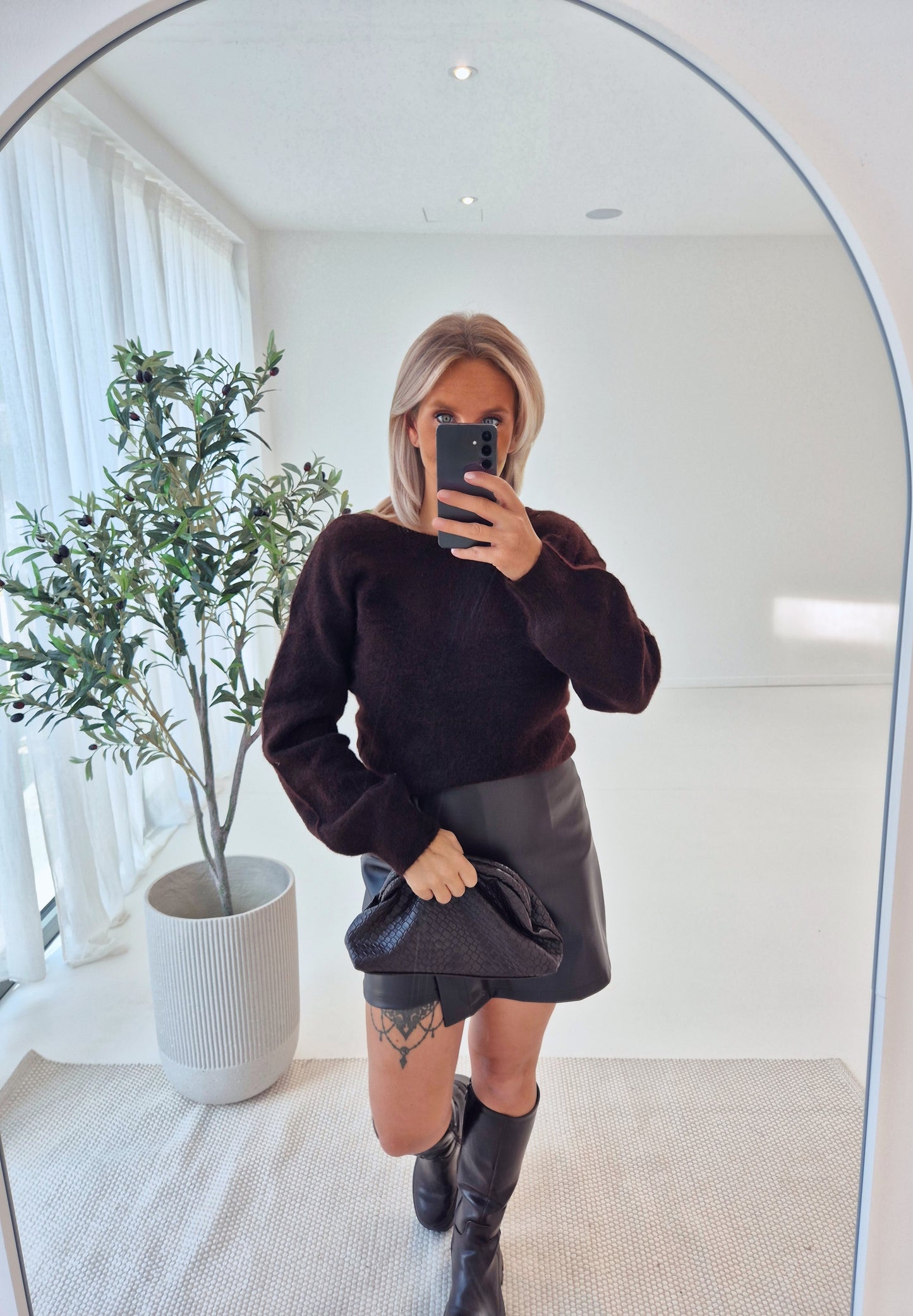 - Brown Cross Back Knit Sweater