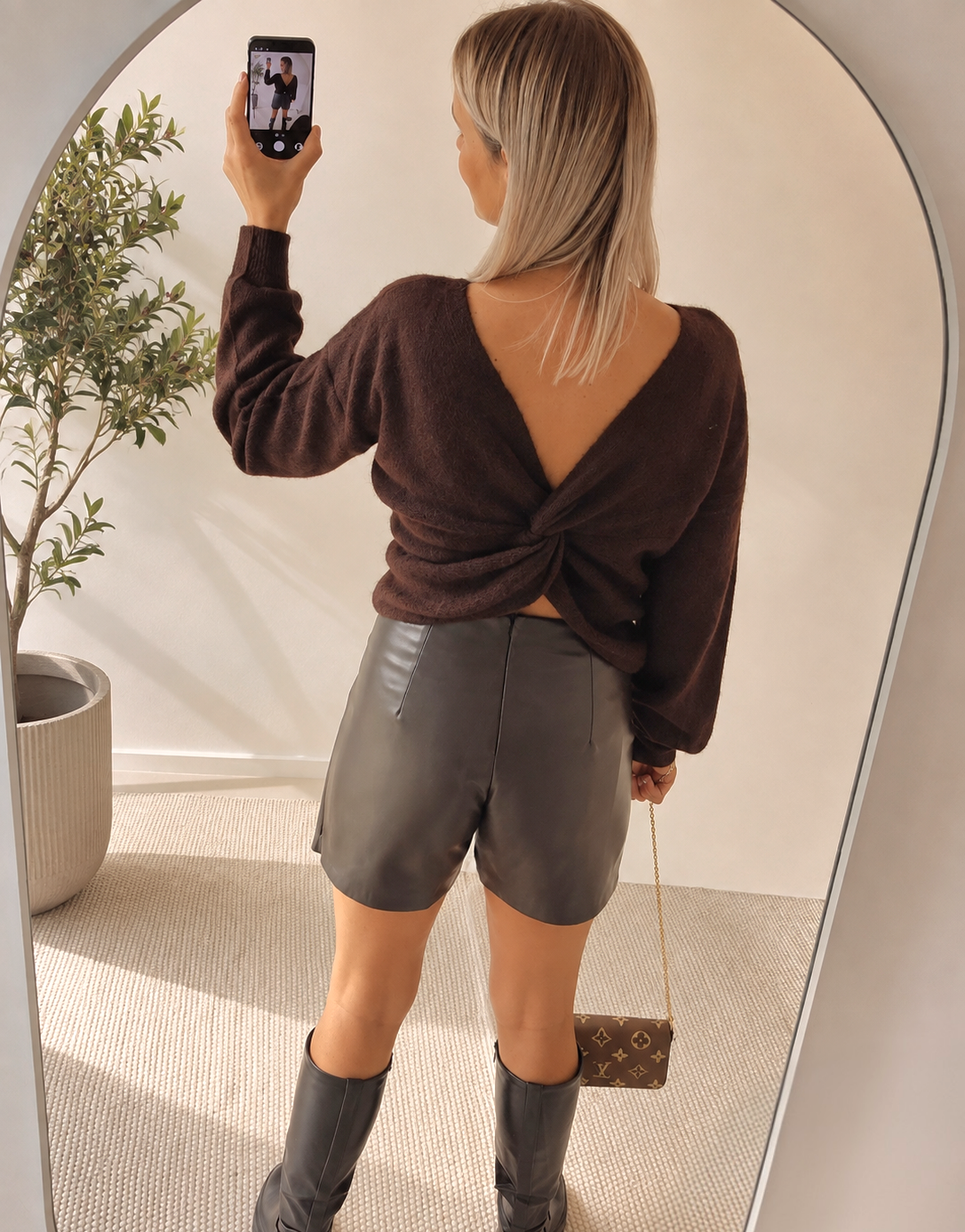 - Brown Cross Back Knit Sweater
